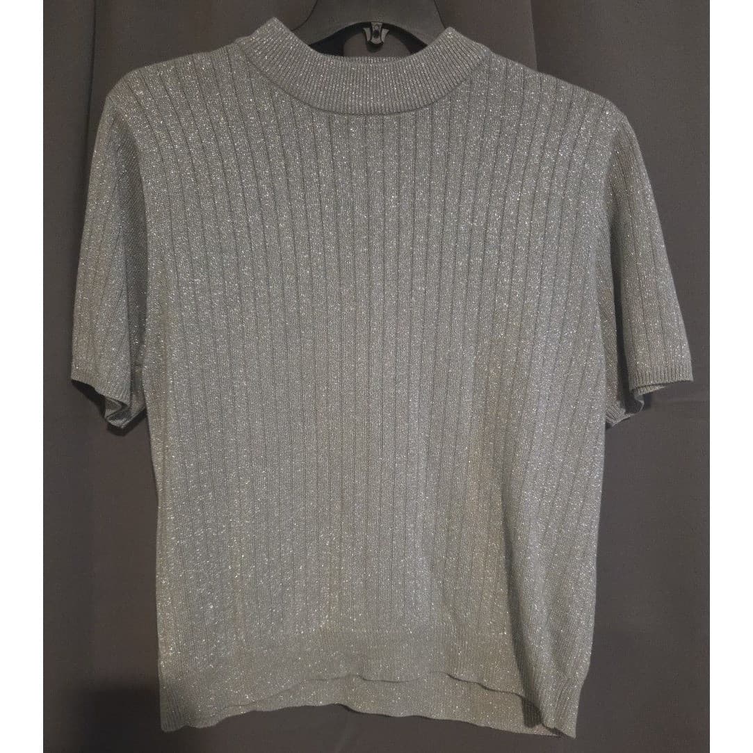 Sag Harbor Silver Metallic Ribbed Mock Neck Short Sleeve Sweater, Women's Large - Thumbnail 3