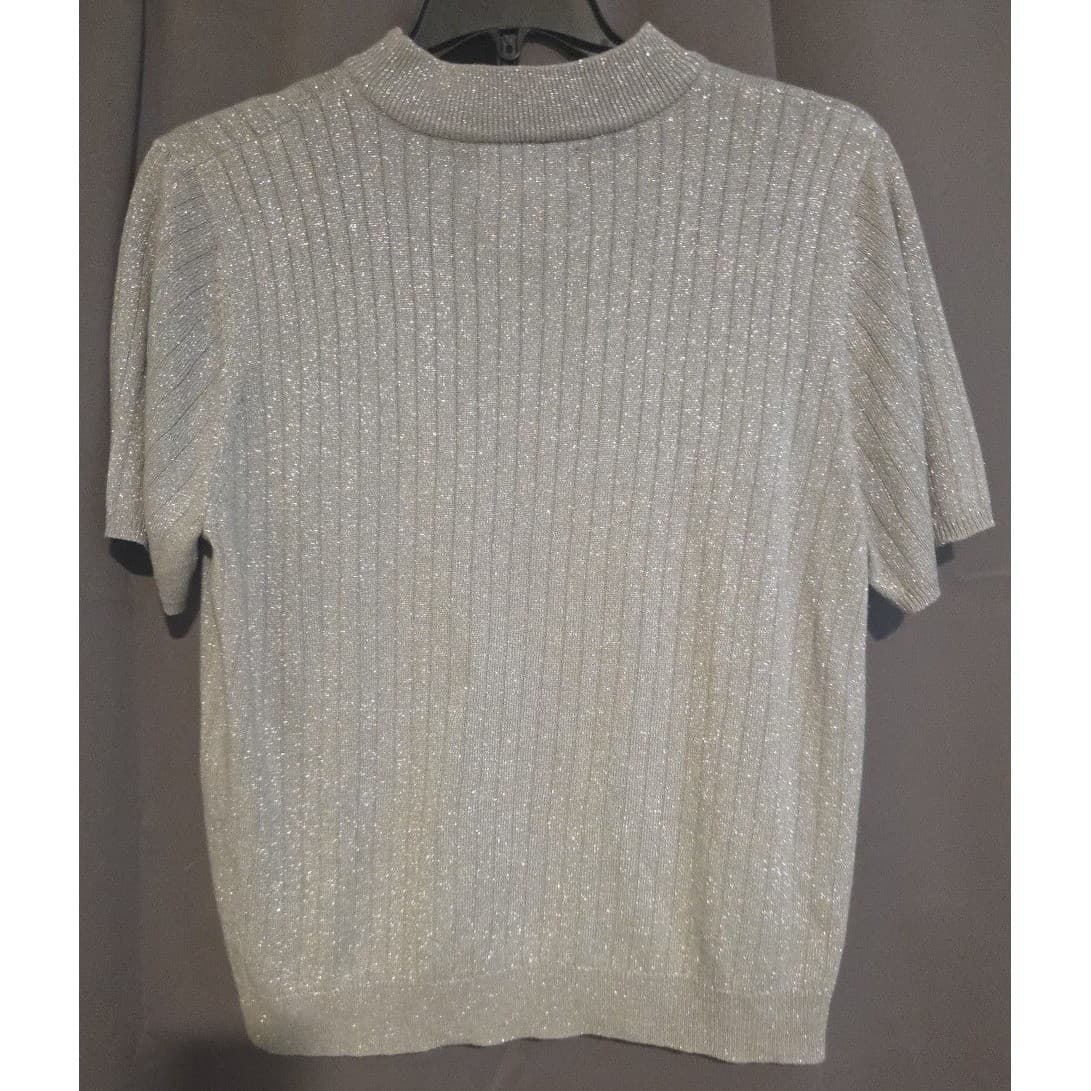 Sag Harbor Silver Metallic Ribbed Mock Neck Short Sleeve Sweater, Women's Large - Thumbnail 4