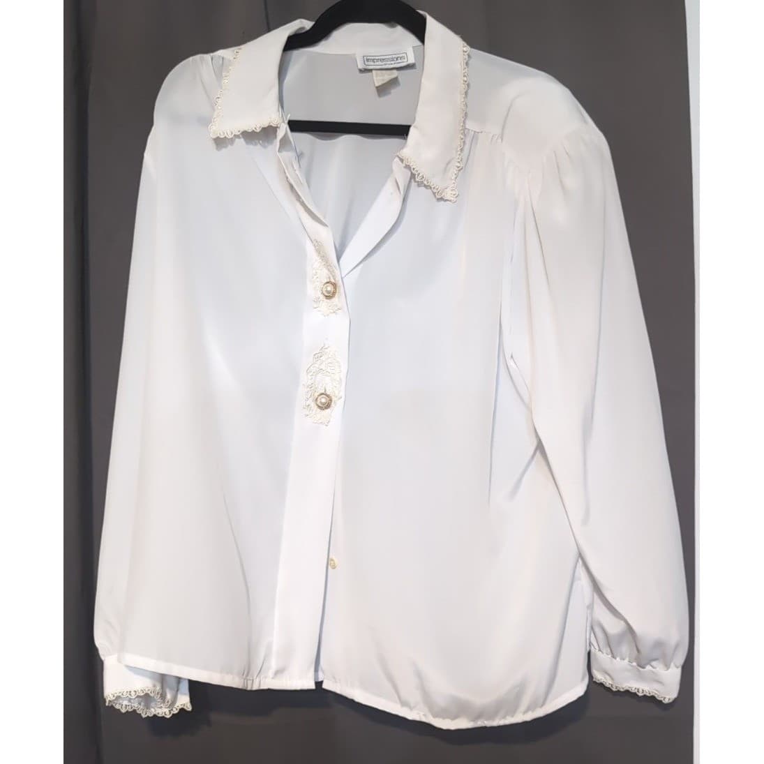Impressions of California Vintage White Lace Pearl Button Blouse, Women's Large - Thumbnail 3