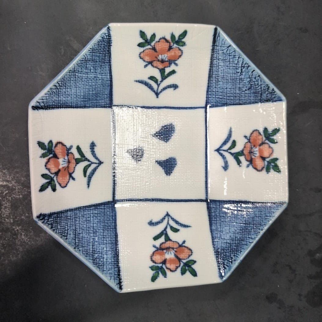 Octagonal Blue & White Floral Ceramic Bowl, Replacement Hand-painted Asian Decor - Thumbnail 3