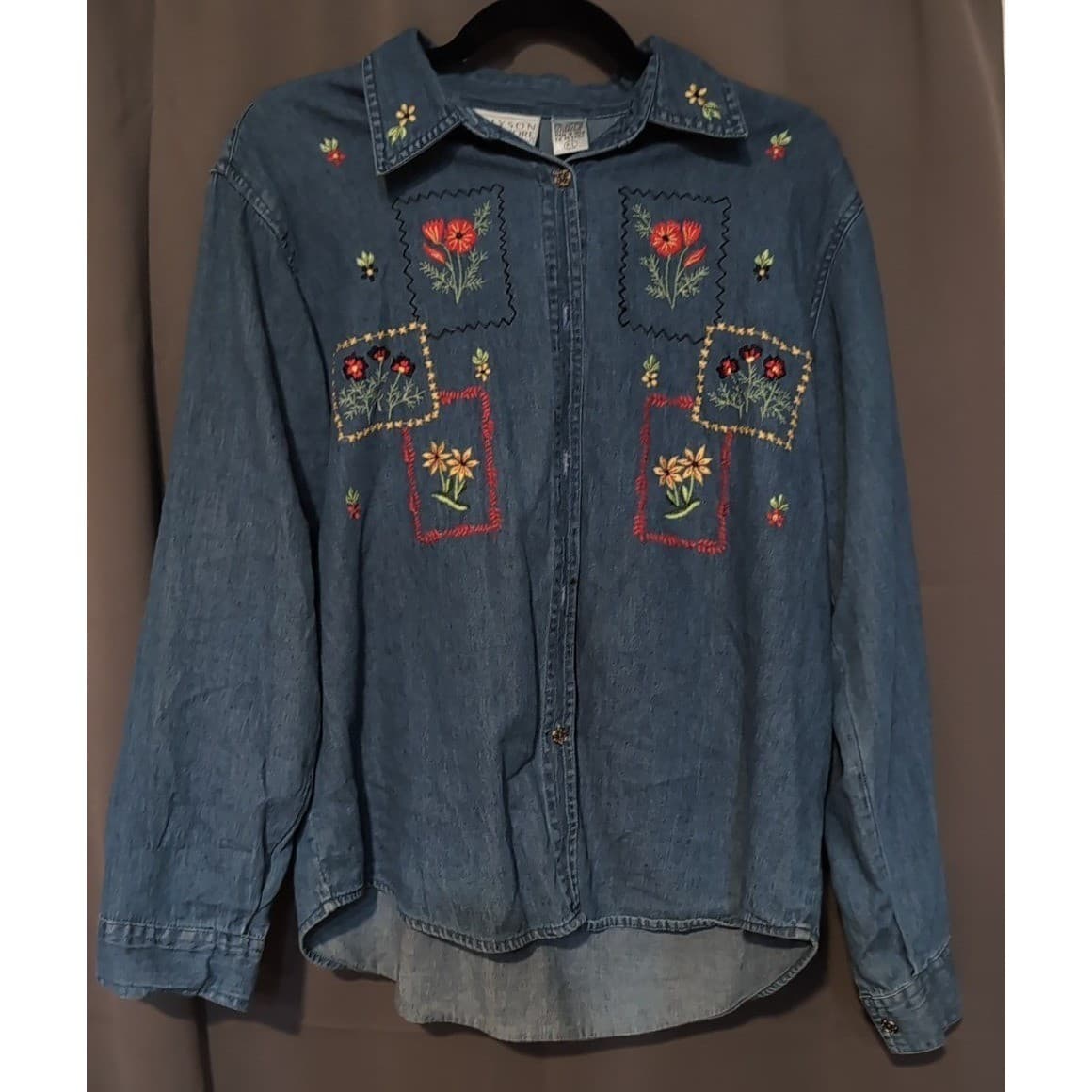 Allyson Whitmore Floral Embroidered Blue Denim Button Down, Women's Petite Large - Thumbnail 3