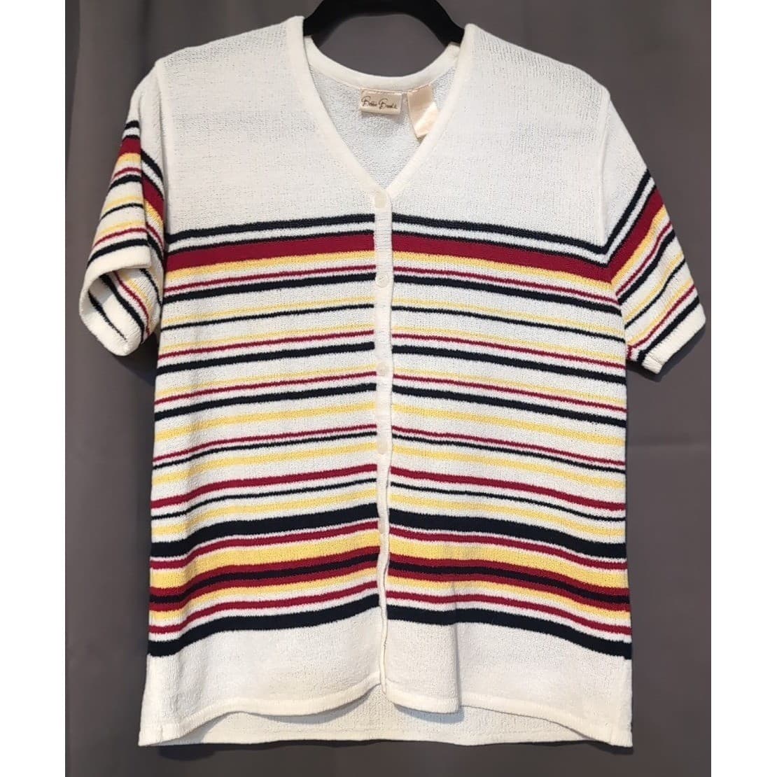 Bobbie Brooks Short Sleeve Striped Knit Cardigan, Cream Red Blue, Women's Large - Thumbnail 3