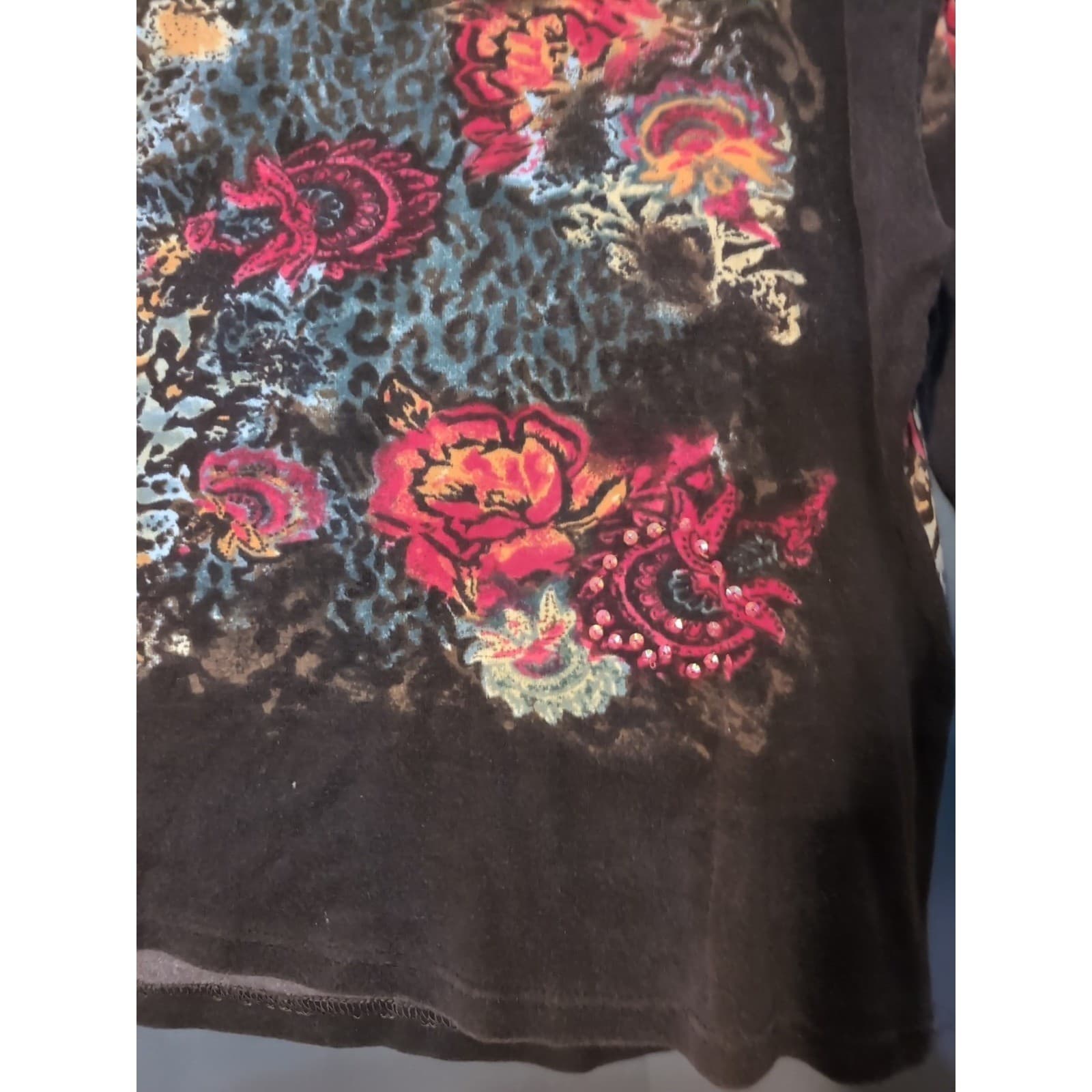 Jane Ashley Brown Floral Leopard Print Rhinestone 3/4 Sleeve Top, Women's Large - Thumbnail 7