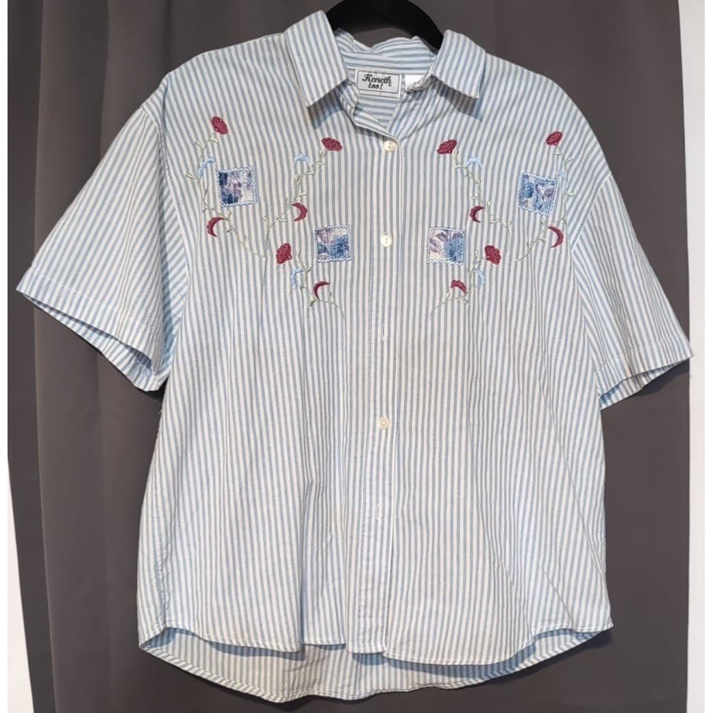 Keneth Too! Blue White Striped Embroidered Floral Button Down, Women's Medium - Thumbnail 2