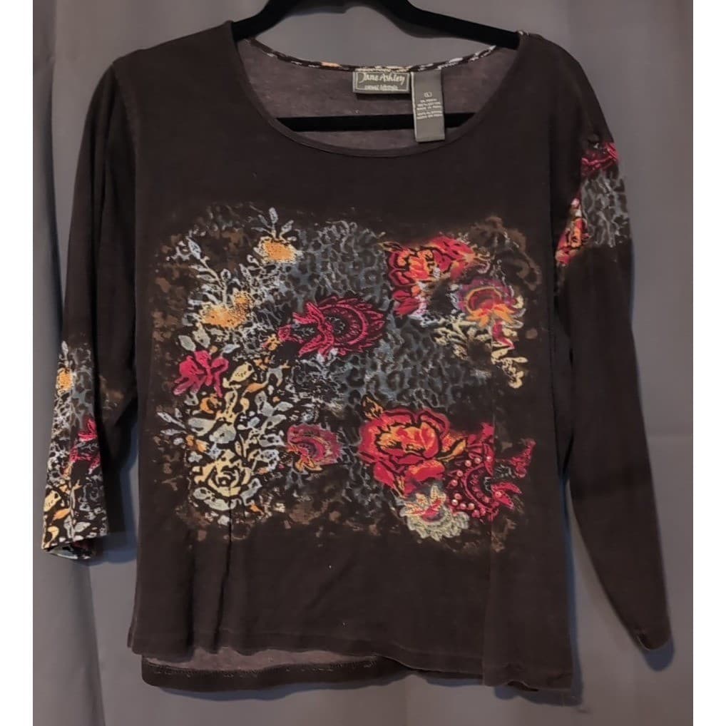 Jane Ashley Brown Floral Leopard Print Rhinestone 3/4 Sleeve Top, Women's Large - Thumbnail 3