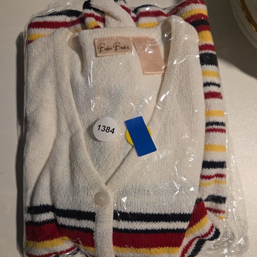 Bobbie Brooks Short Sleeve Striped Knit Cardigan, Cream Red Blue, Women's Large - Thumbnail 9