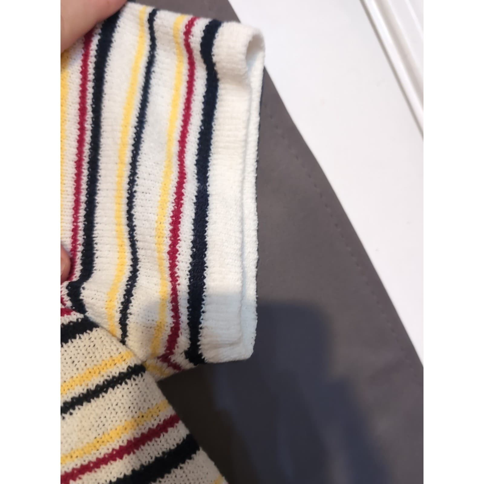 Bobbie Brooks Short Sleeve Striped Knit Cardigan, Cream Red Blue, Women's Large - Thumbnail 8