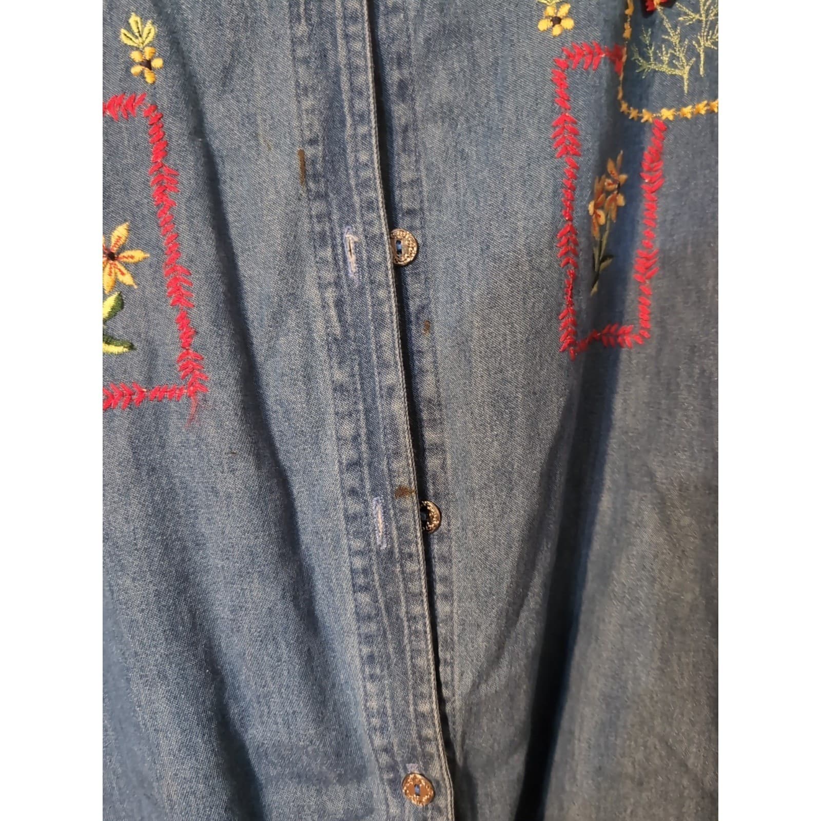 Allyson Whitmore Floral Embroidered Blue Denim Button Down, Women's Petite Large - Thumbnail 7