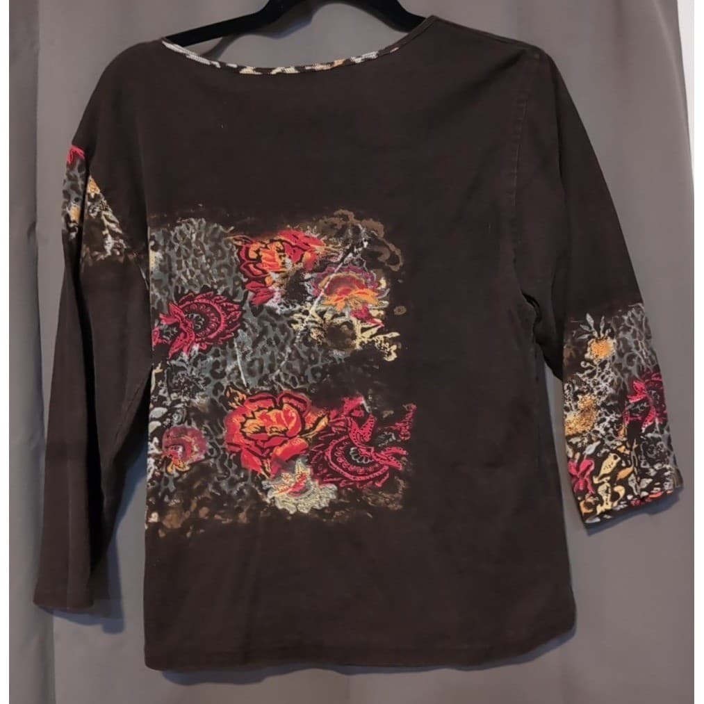 Jane Ashley Brown Floral Leopard Print Rhinestone 3/4 Sleeve Top, Women's Large - Thumbnail 4