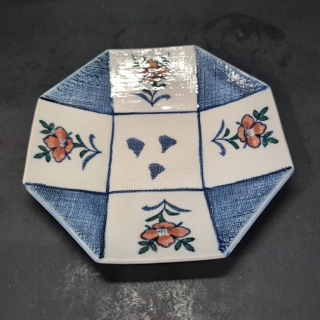 Octagonal Blue & White Floral Ceramic Bowl, Replacement Hand-painted Asian Decor - Thumbnail 2