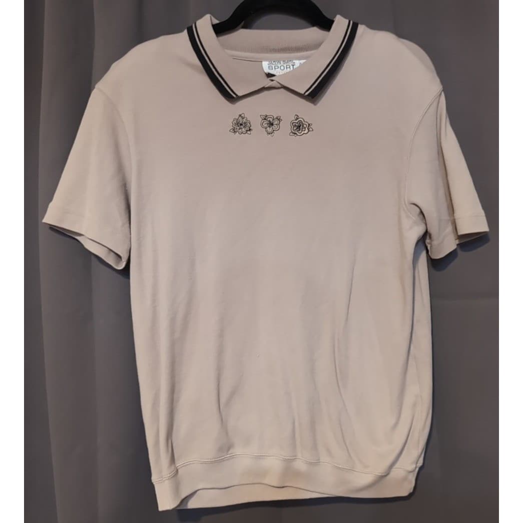 Jaclyn Smith Sport Petite Tan Polo Shirt, Floral Embroidered Tipped Collar Large - Thumbnail 3