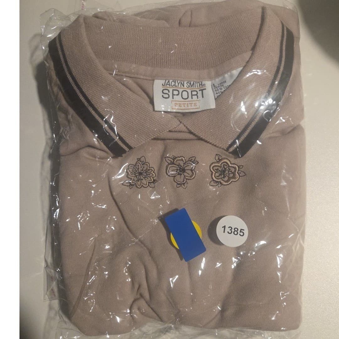 Jaclyn Smith Sport Petite Tan Polo Shirt, Floral Embroidered Tipped Collar Large - Thumbnail 8
