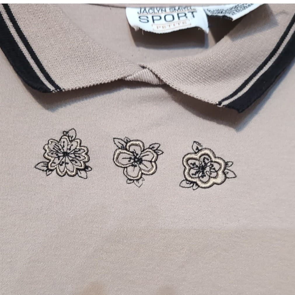 Jaclyn Smith Sport Petite Tan Polo Shirt, Floral Embroidered Tipped Collar Large - Thumbnail 7
