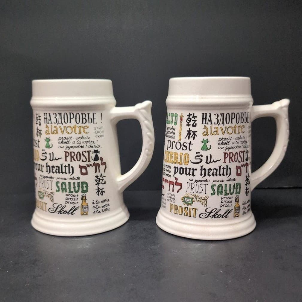 Cheers Around The World Ceramic Steins, Set of 2, Vintage Beer Mugs, Barware - Thumbnail 2