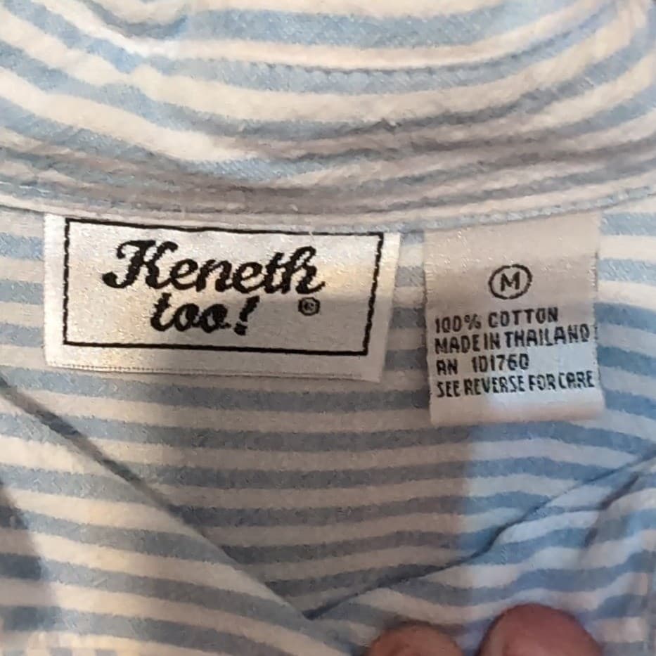 Keneth Too! Blue White Striped Embroidered Floral Button Down, Women's Medium - Thumbnail 4