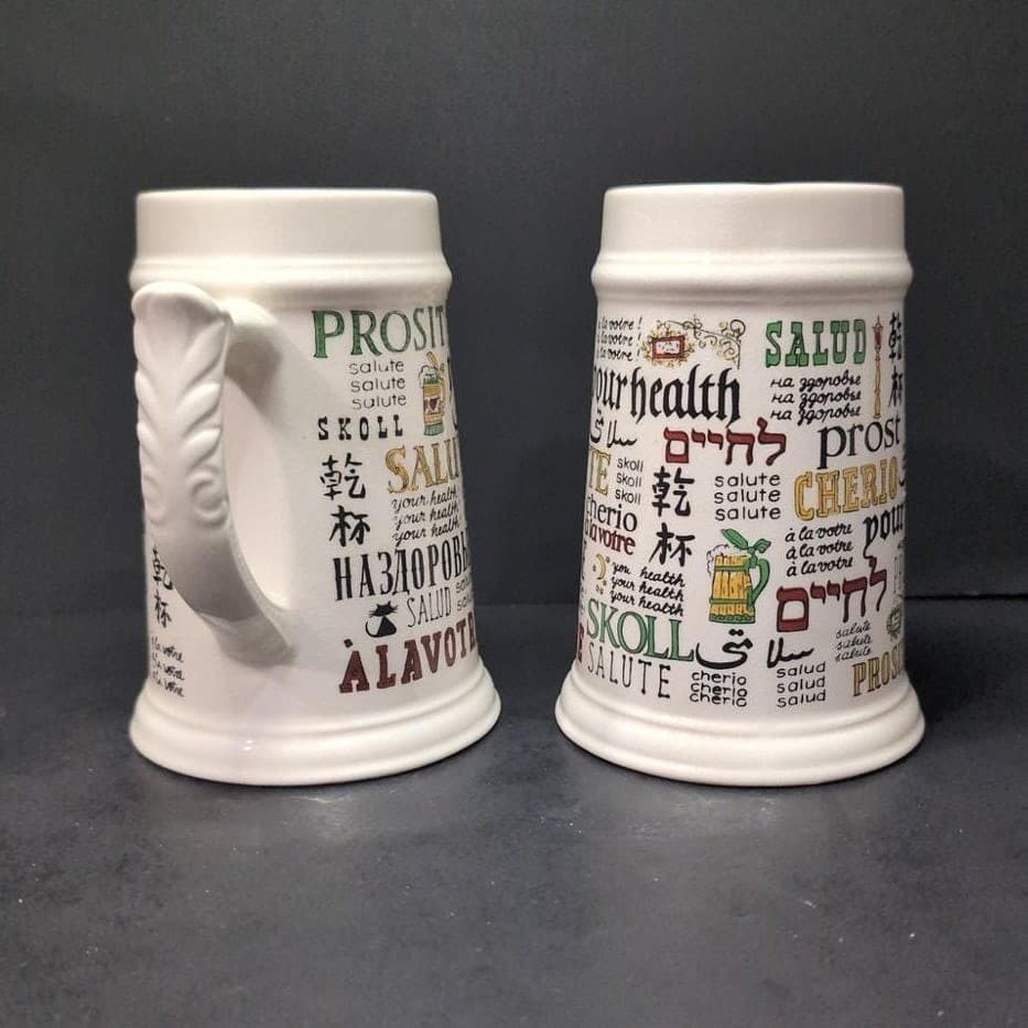 Cheers Around The World Ceramic Steins, Set of 2, Vintage Beer Mugs, Barware - Thumbnail 3