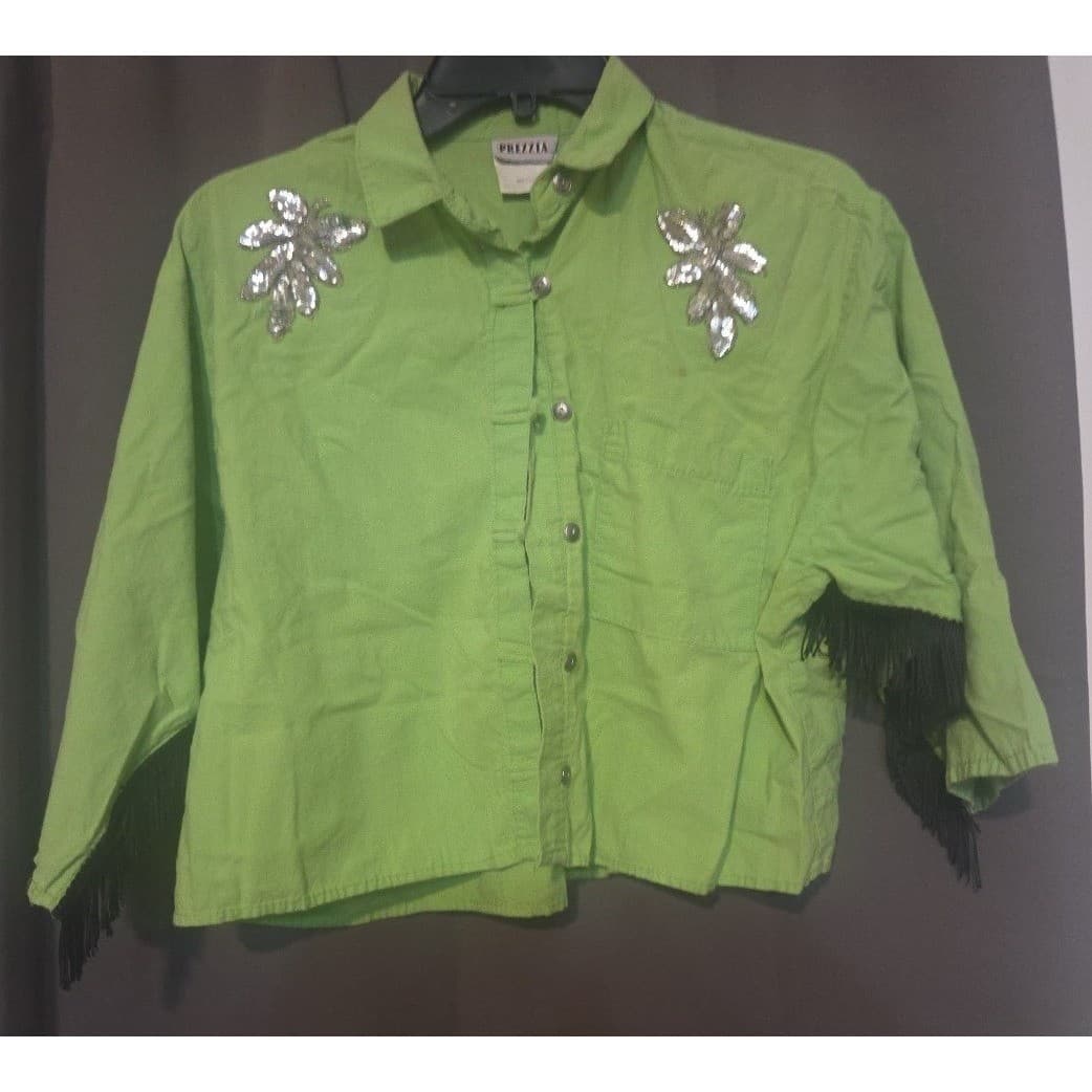 Prezzia Vintage Lime Green Fringe Sequin Cropped Shirt, Women's Medium, 3-415 US - Thumbnail 3