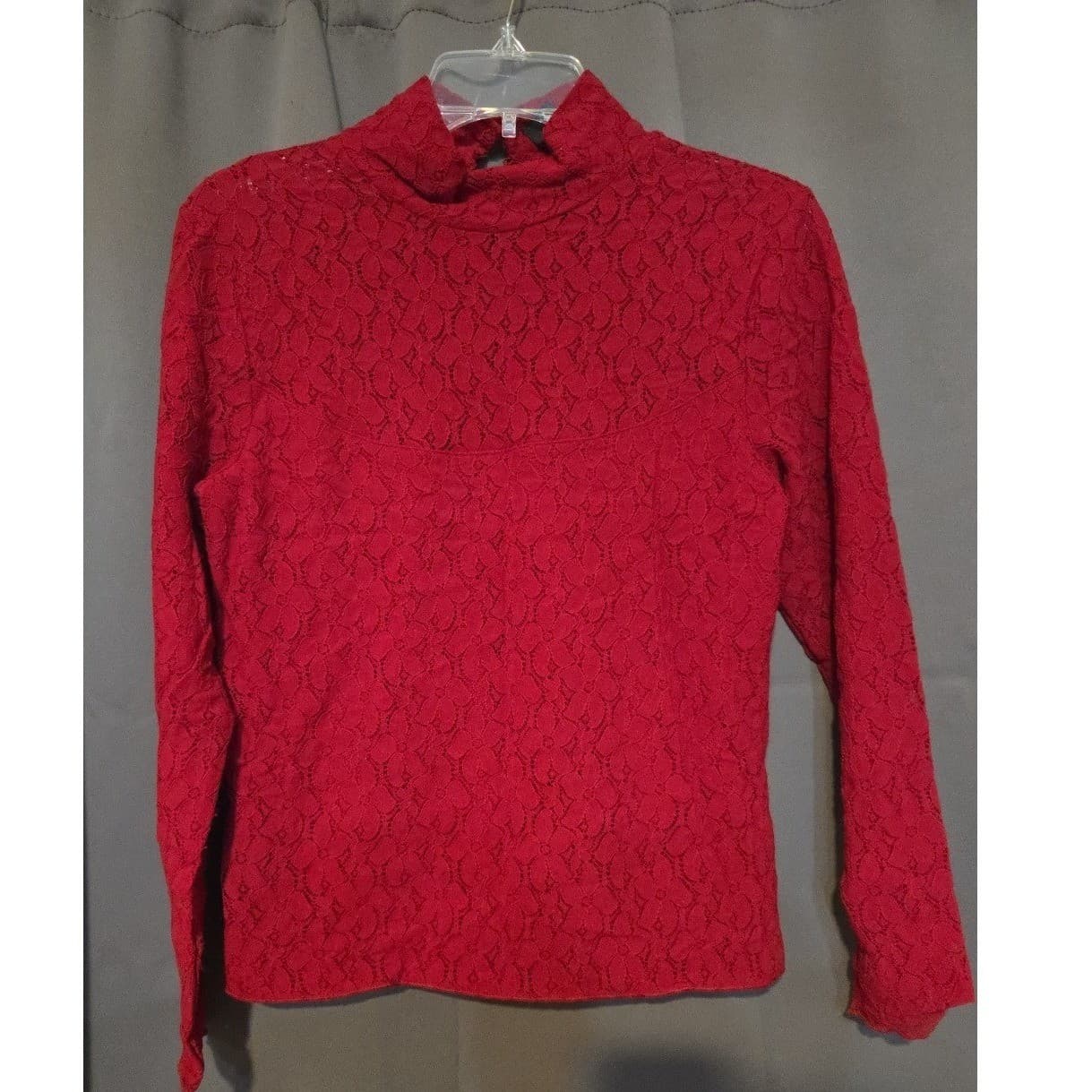 Gloria Vanderbilt Red Lace Mesh Top, Women's Small Stretch Blouse, Y2K Edwardian - Thumbnail 3
