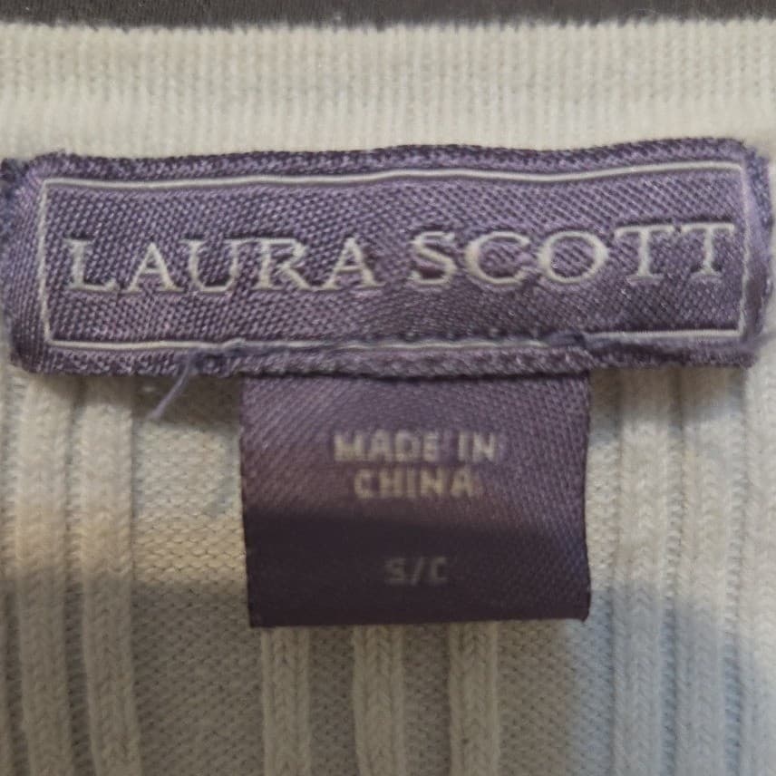 Laura Scott Ribbed Cream Knit Crewneck Sweater, Women's Small Off White Jacket - Thumbnail 5