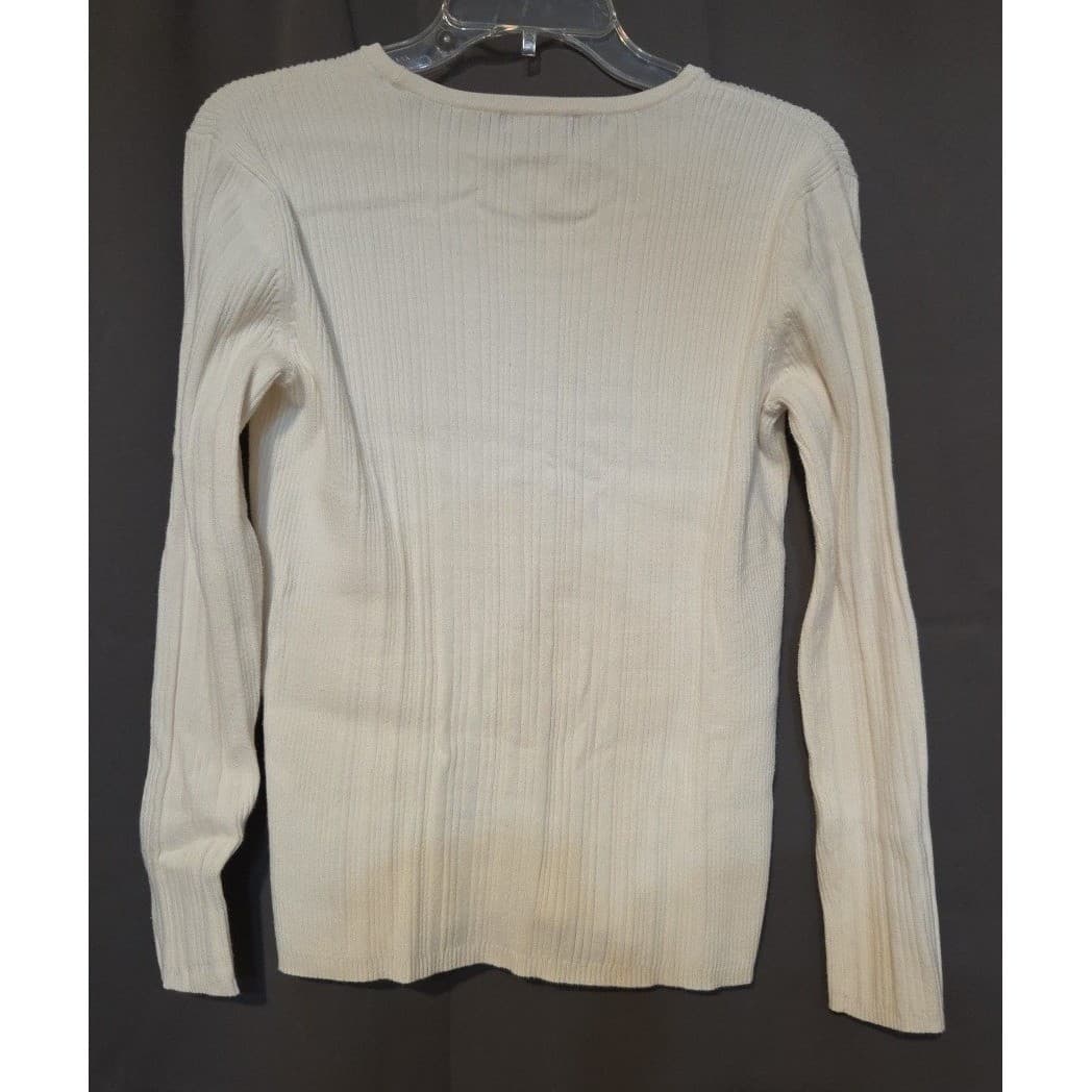 Laura Scott Ribbed Cream Knit Crewneck Sweater, Women's Small Off White Jacket - Thumbnail 4