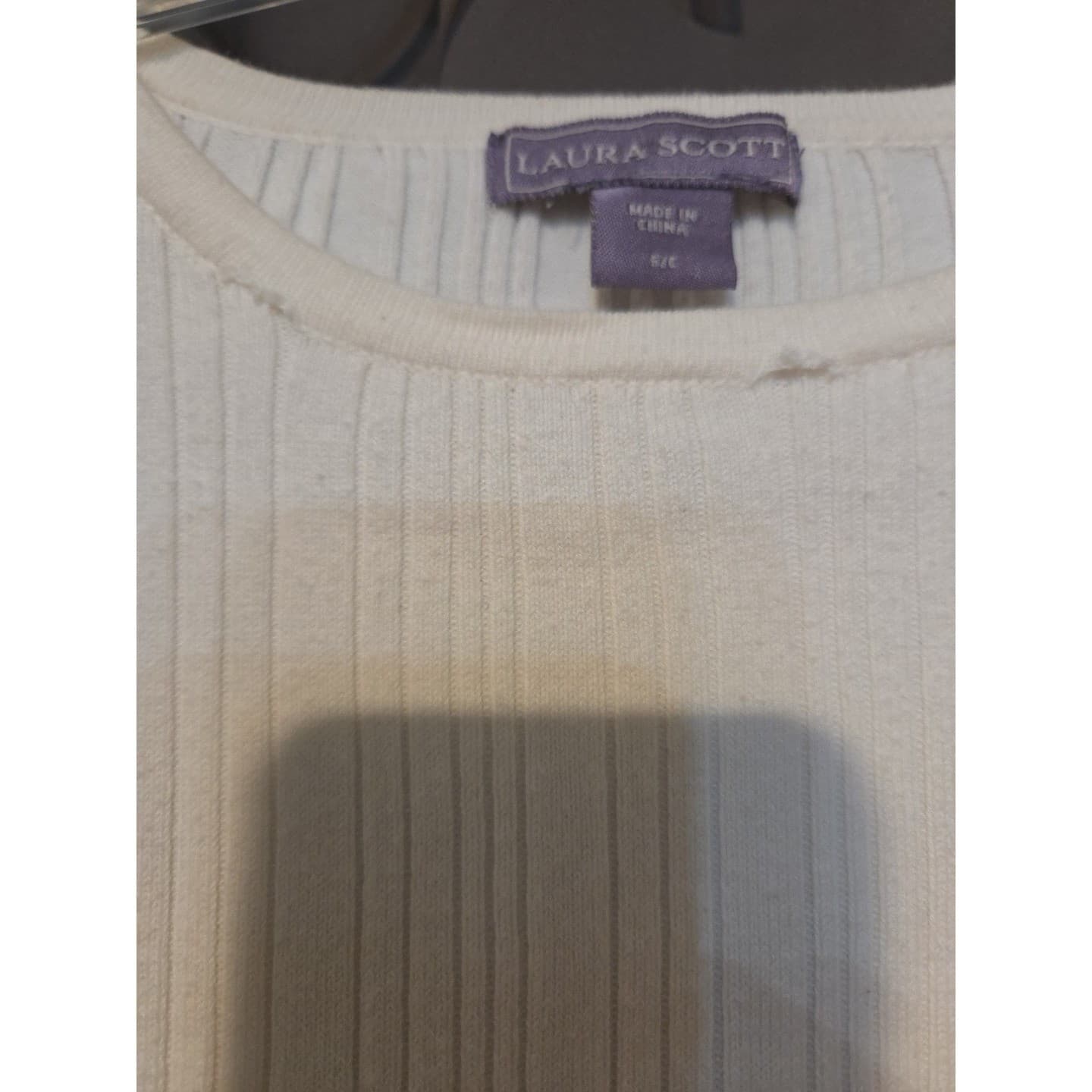Laura Scott Ribbed Cream Knit Crewneck Sweater, Women's Small Off White Jacket - Thumbnail 6