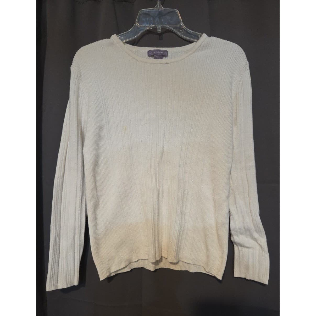 Laura Scott Ribbed Cream Knit Crewneck Sweater, Women's Small Off White Jacket - Thumbnail 3