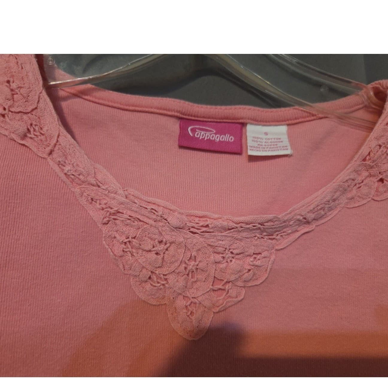 Pappagallo Pink Lace Trim V-Neck, Women's Small T-Shirt, Short Sleeve Cotton - Thumbnail 6