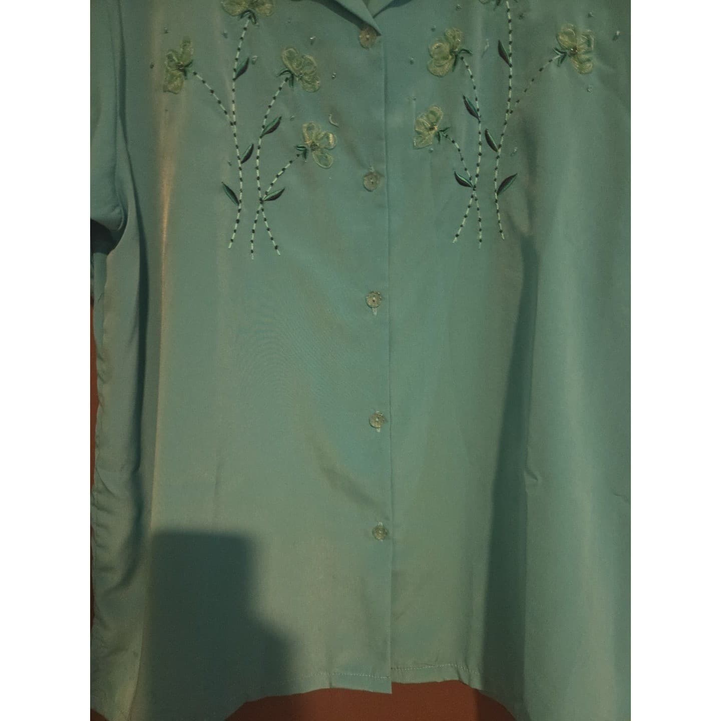 Keneth Too! Turquoise Teal Floral Embroidered Short Sleeve Blouse, Women's Large - Thumbnail 7