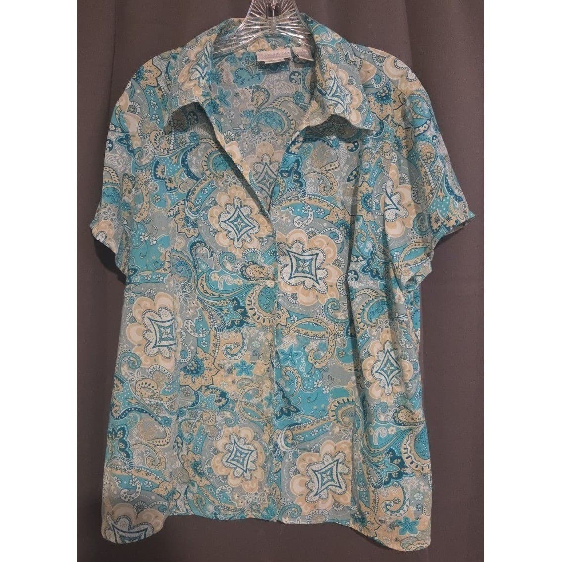 Worthington Stretch Blue Paisley Short Sleeve Button Up, Women's 1X Shirt - Thumbnail 3