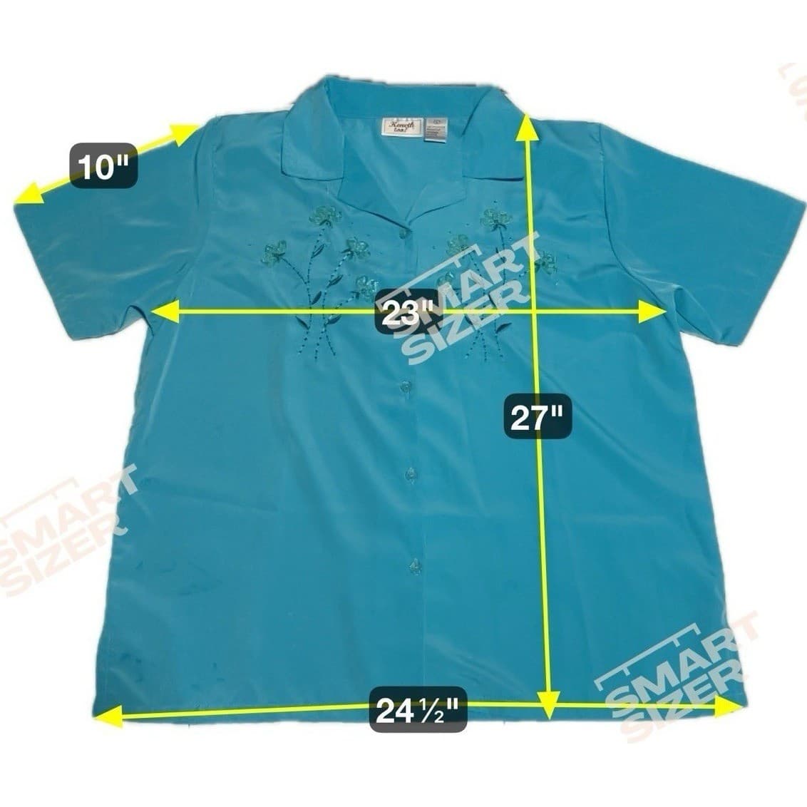 Keneth Too! Turquoise Teal Floral Embroidered Short Sleeve Blouse, Women's Large - Thumbnail 2