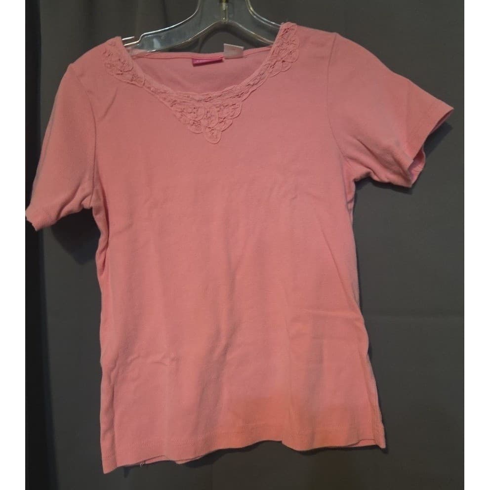 Pappagallo Pink Lace Trim V-Neck, Women's Small T-Shirt, Short Sleeve Cotton - Thumbnail 3
