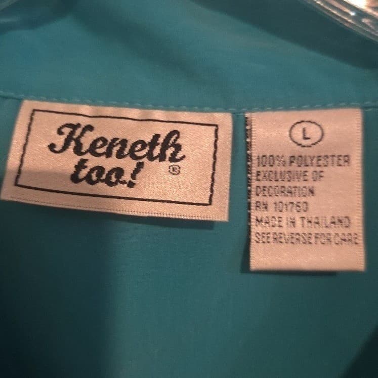 Keneth Too! Turquoise Teal Floral Embroidered Short Sleeve Blouse, Women's Large - Thumbnail 5