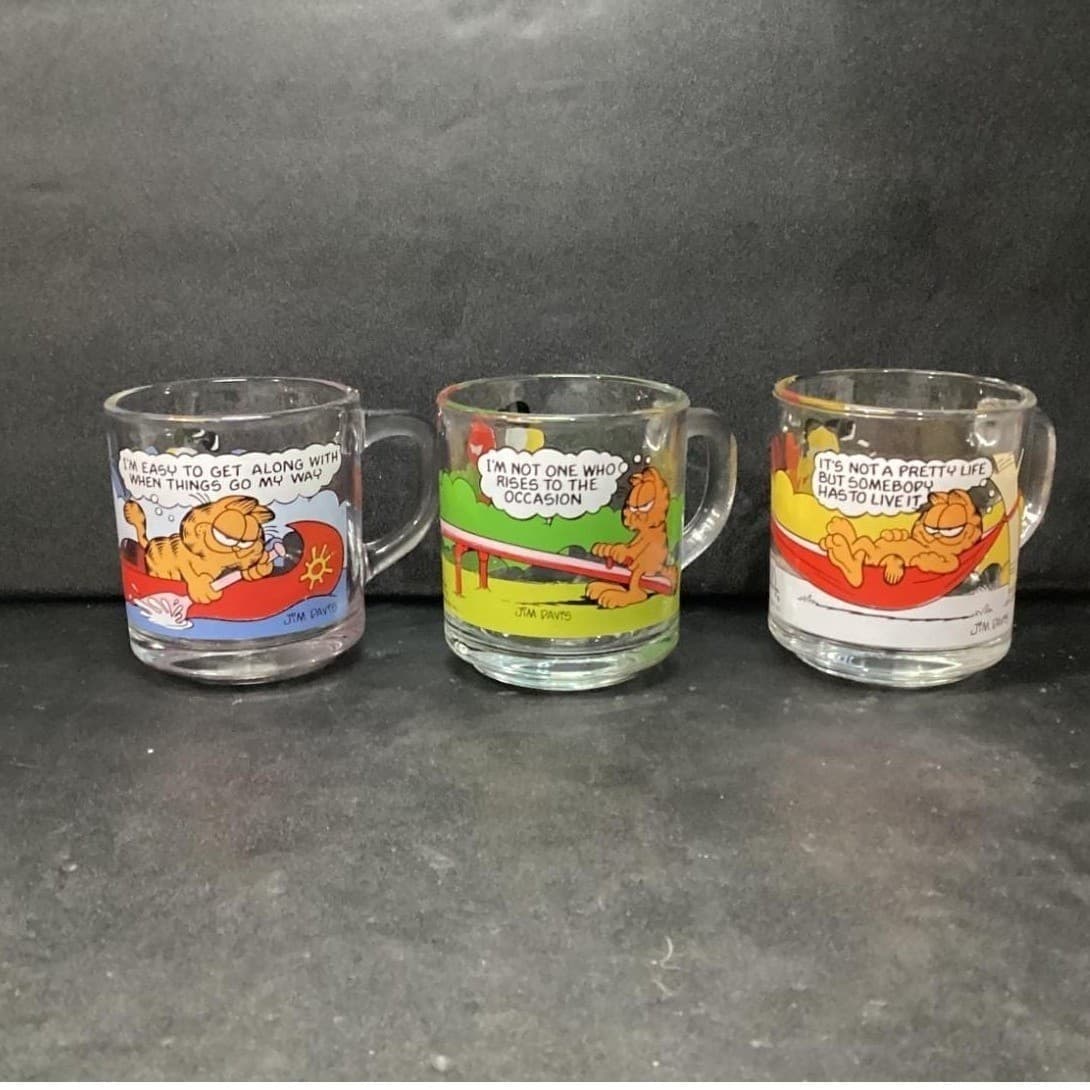 McDonalds Garfield Odie Glass Mugs, Set Of 3, Vintage Cartoon Strip Design - Thumbnail 2