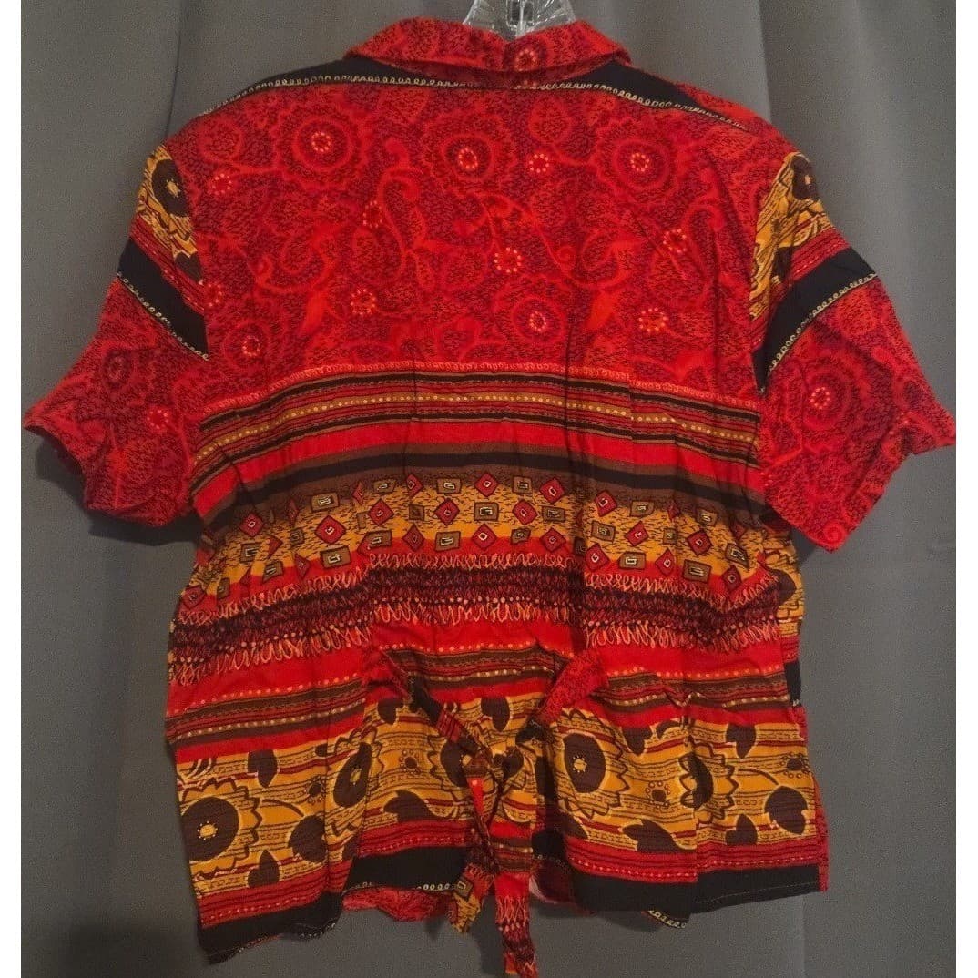 Karibo Red Multi Pattern Rayon Short Sleeve Button Up Shirt, Women's XL, 1M179C - Thumbnail 4
