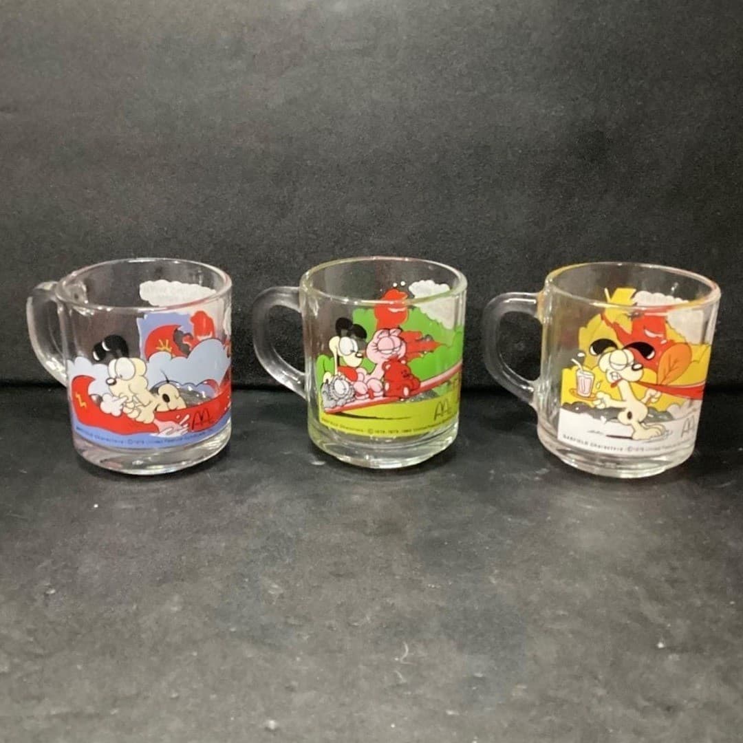 McDonalds Garfield Odie Glass Mugs, Set Of 3, Vintage Cartoon Strip Design - Thumbnail 4