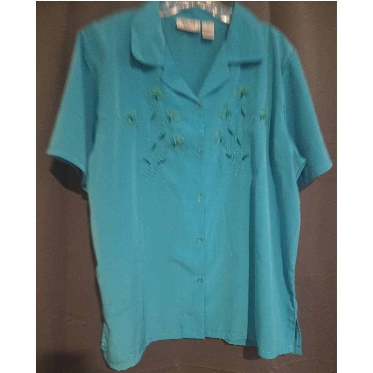 Keneth Too! Turquoise Teal Floral Embroidered Short Sleeve Blouse, Women's Large - Thumbnail 3