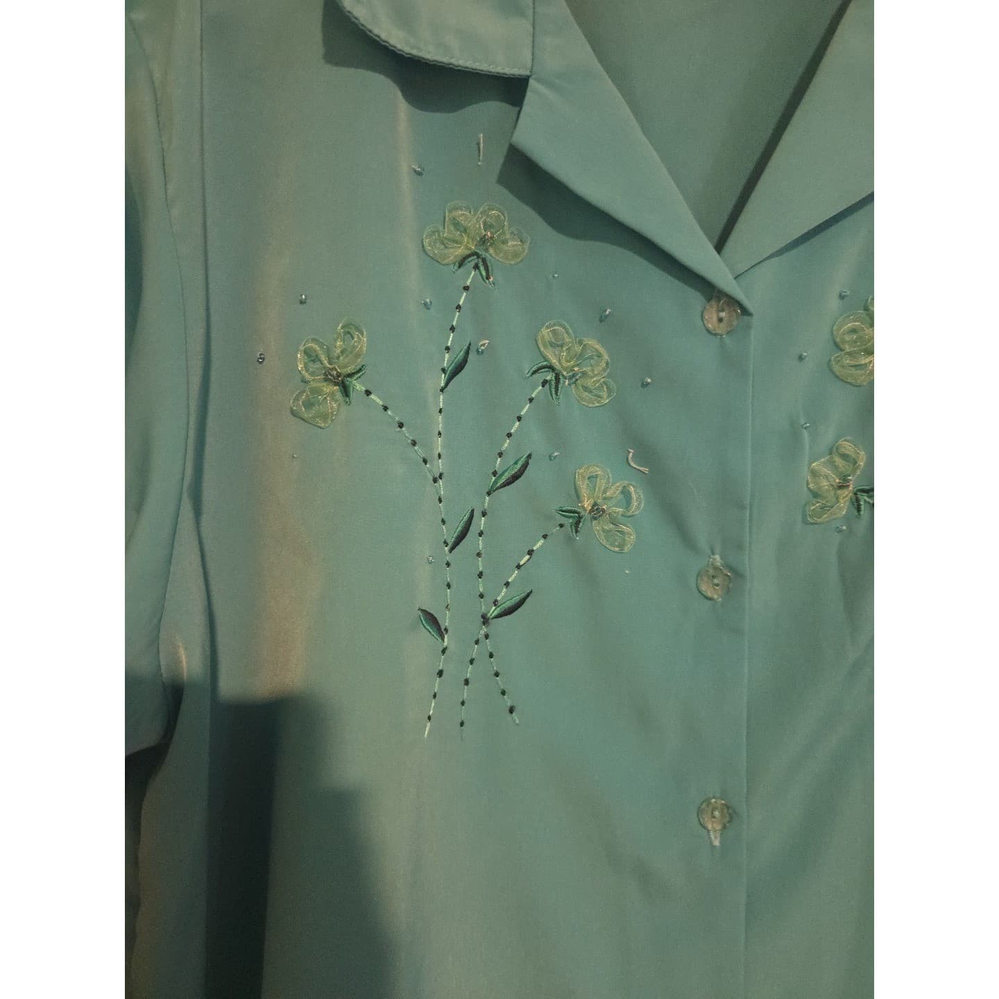Keneth Too! Turquoise Teal Floral Embroidered Short Sleeve Blouse, Women's Large - Thumbnail 8