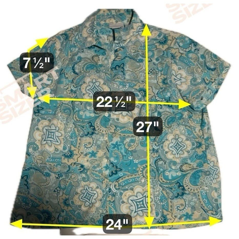 Worthington Stretch Blue Paisley Short Sleeve Button Up, Women's 1X Shirt - Thumbnail 2