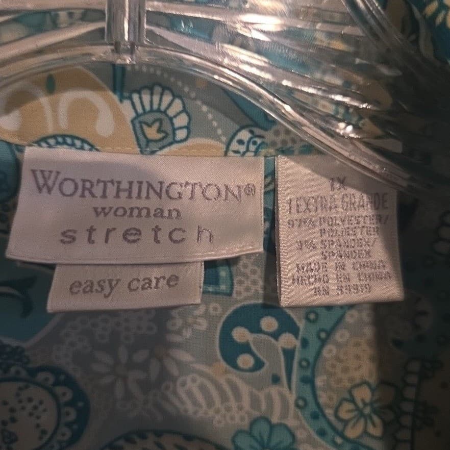 Worthington Stretch Blue Paisley Short Sleeve Button Up, Women's 1X Shirt - Thumbnail 5