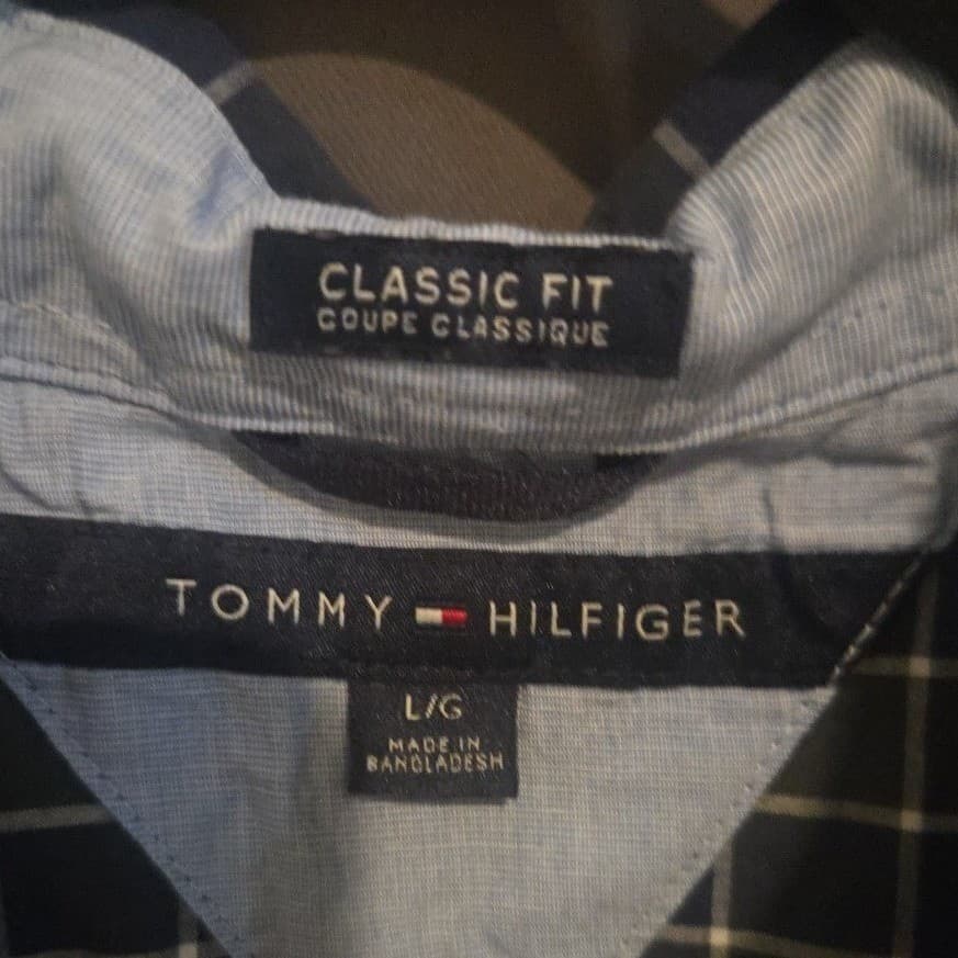 Tommy Hilfiger Classic Fit Navy Blue Green Plaid Button Down, Men's Large Shirt - Thumbnail 5