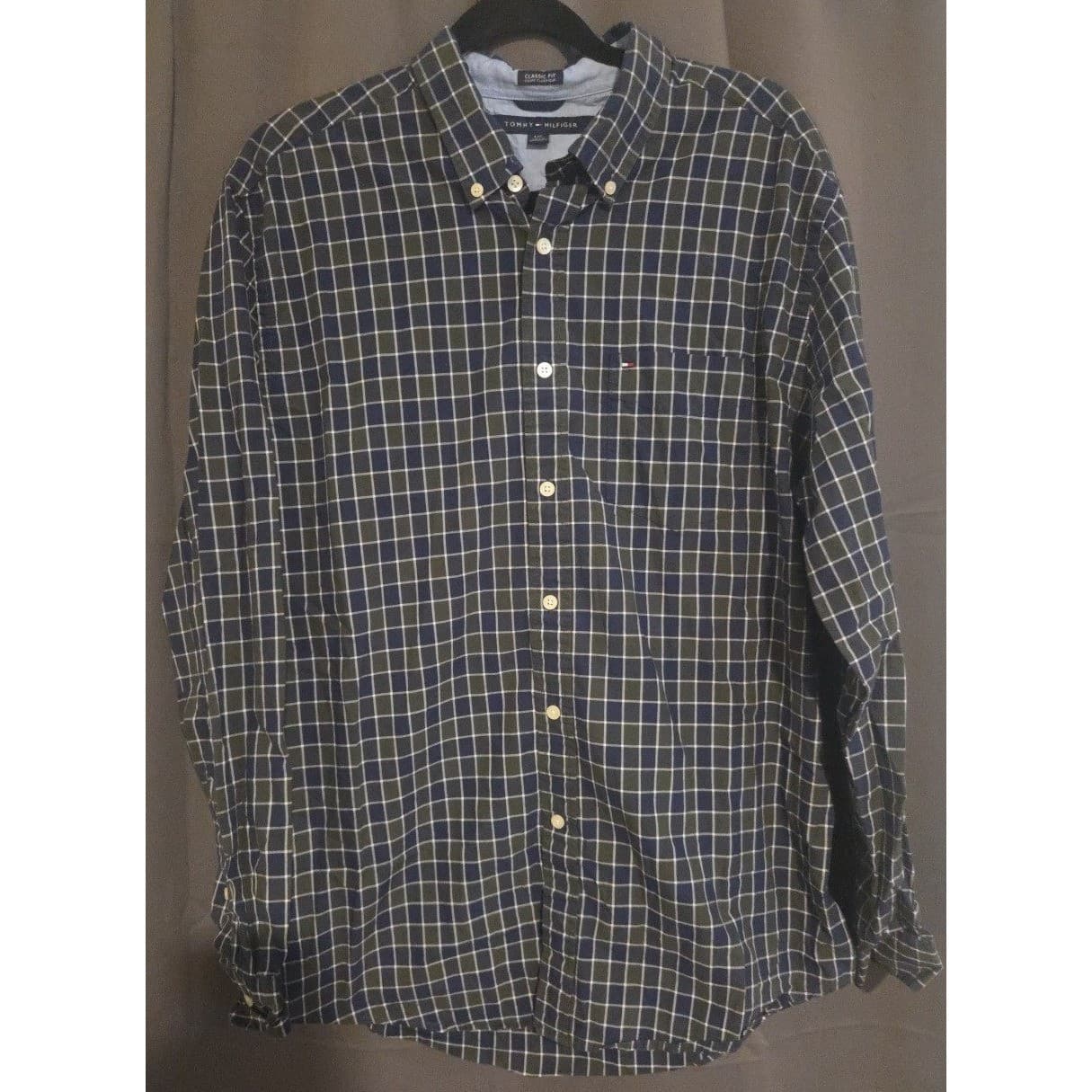 Tommy Hilfiger Classic Fit Navy Blue Green Plaid Button Down, Men's Large Shirt - Thumbnail 3