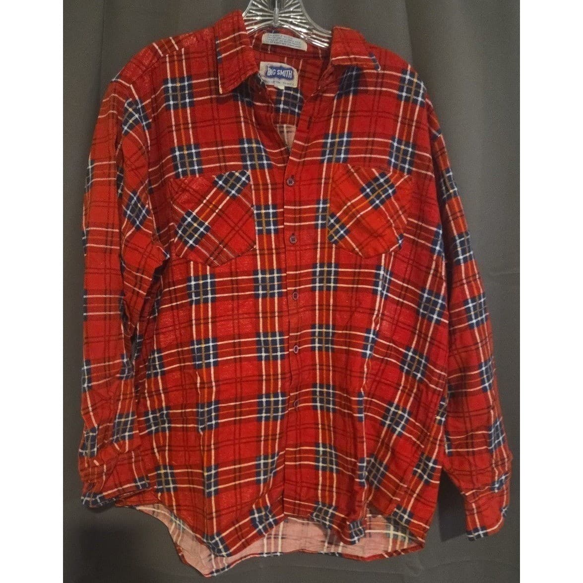 Big Smith Red Plaid Flannel Shirt, Men's XL Long Sleeve 100% Cotton Button Up - Thumbnail 3