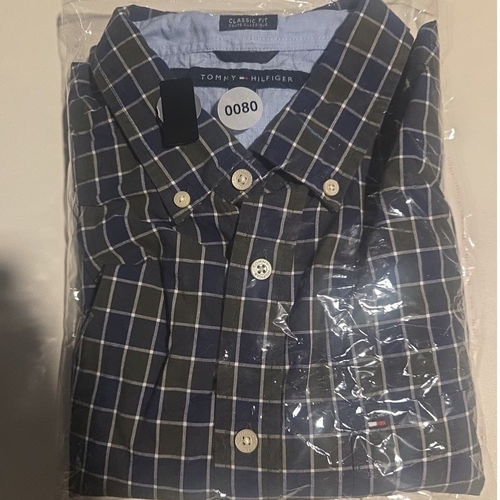 Tommy Hilfiger Classic Fit Navy Blue Green Plaid Button Down, Men's Large Shirt - Thumbnail 10