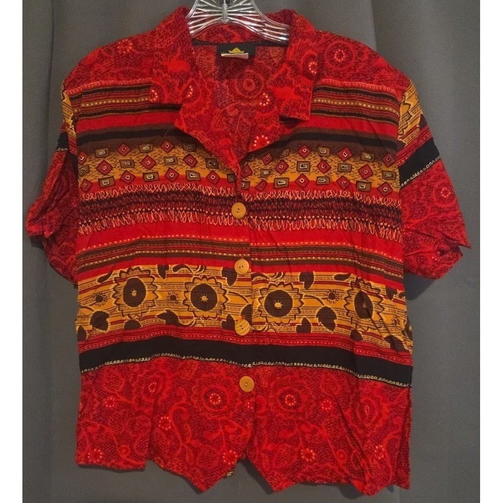 Karibo Red Multi Pattern Rayon Short Sleeve Button Up Shirt, Women's XL, 1M179C - Thumbnail 3