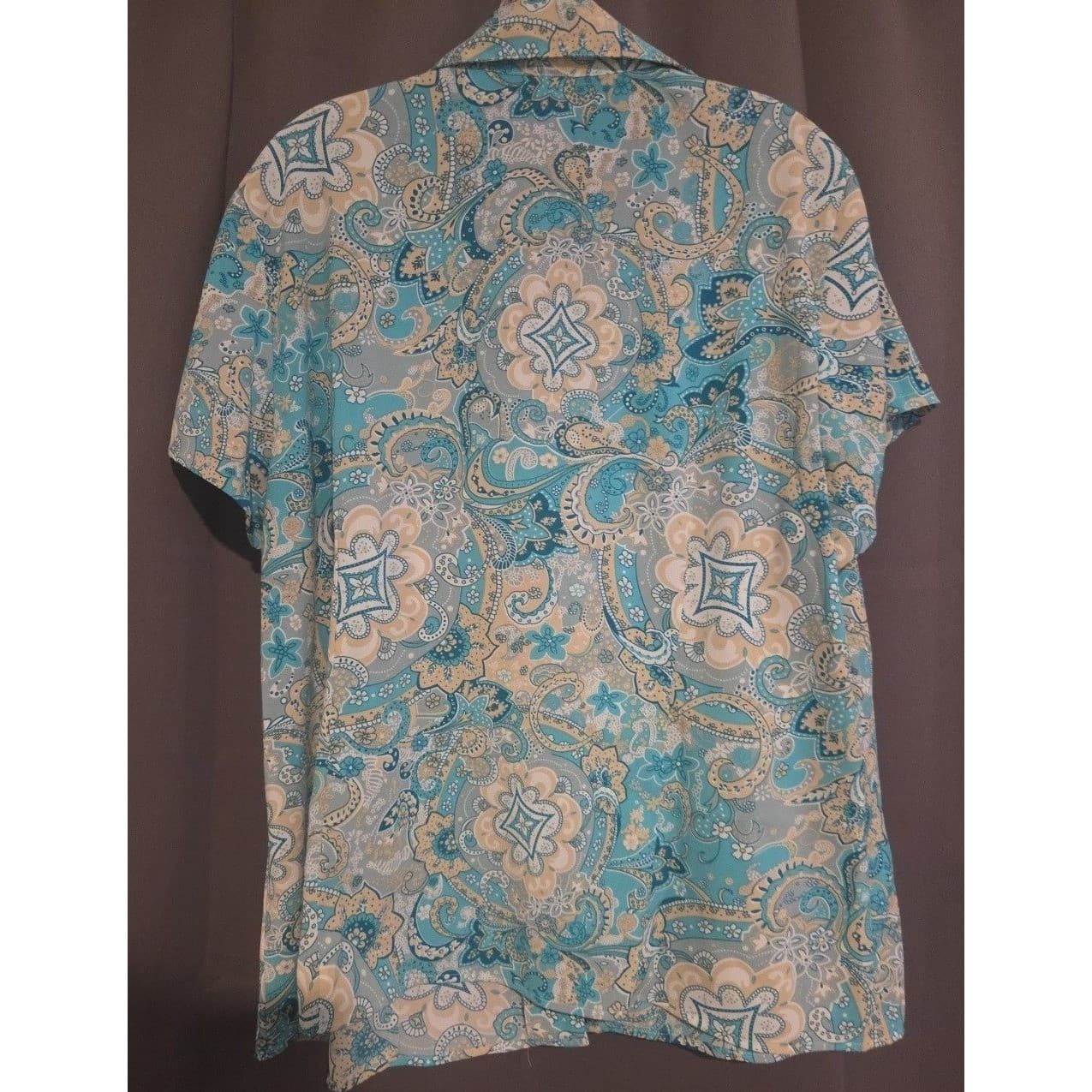 Worthington Stretch Blue Paisley Short Sleeve Button Up, Women's 1X Shirt - Thumbnail 4