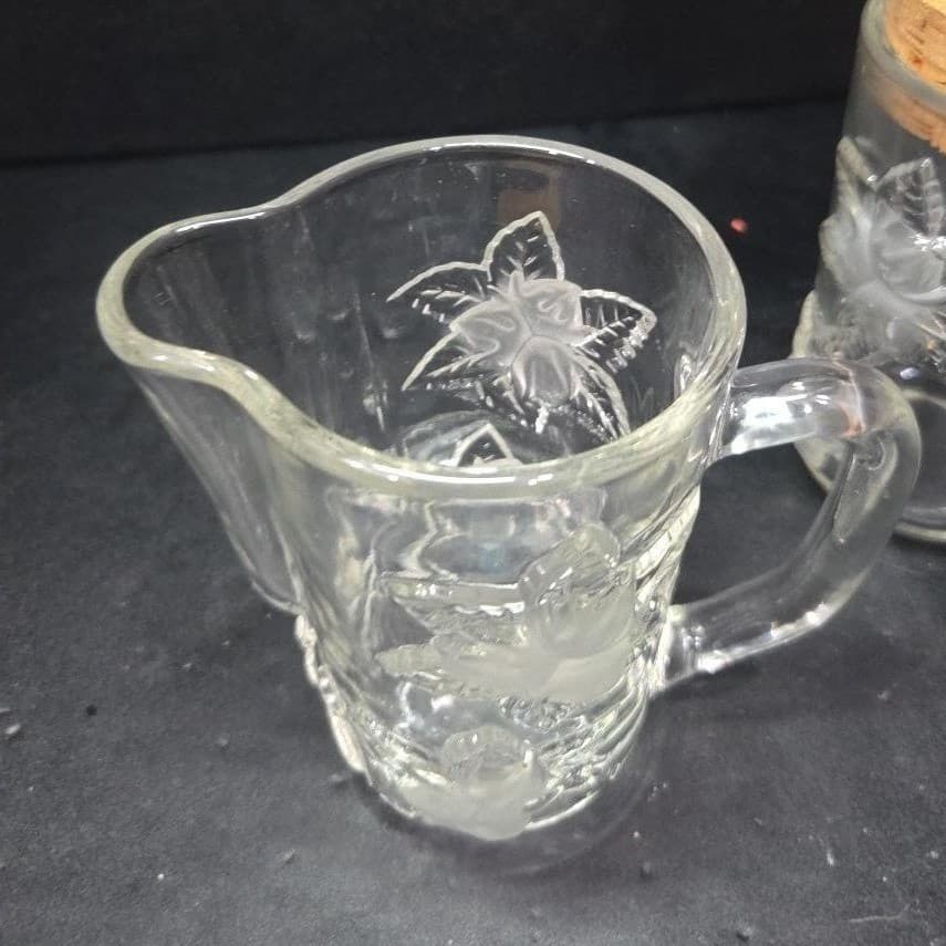 Embossed Floral Glass Pitchers, Set of 2, Vintage Inspired Snub Nose Spout - Thumbnail 6