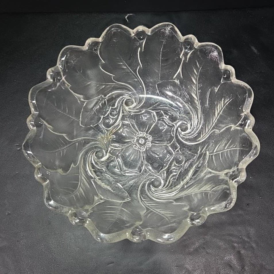 Indiana Glass Lead Crystal Serving Bowl, Vintage Wild Rose Design, Centerpiece - Thumbnail 3
