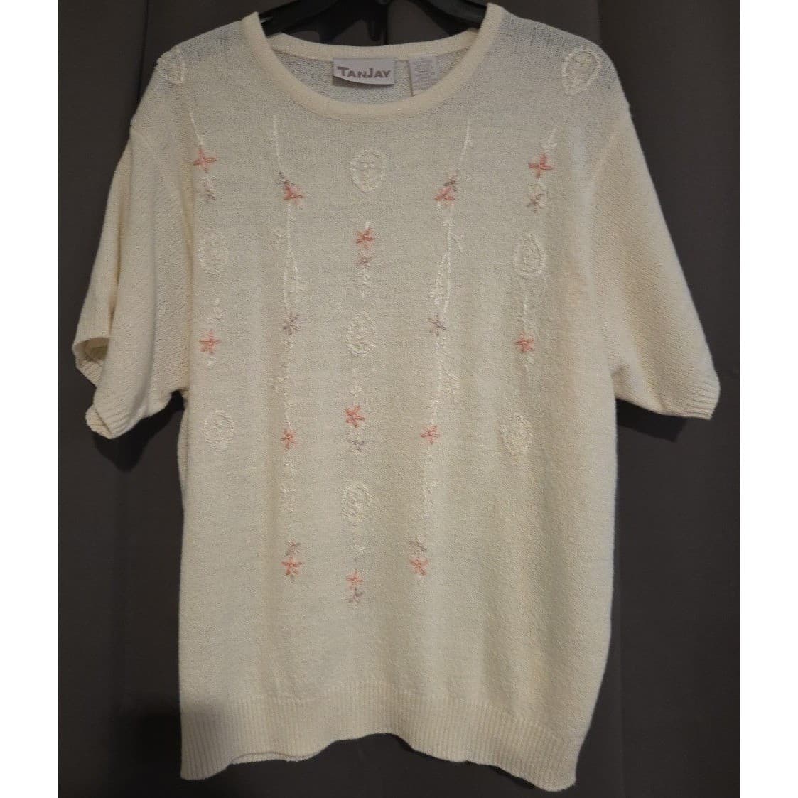 TanJay Cream Embroidered Short Sleeve Knit Sweater, Women's Large N481 92703 - Thumbnail 3