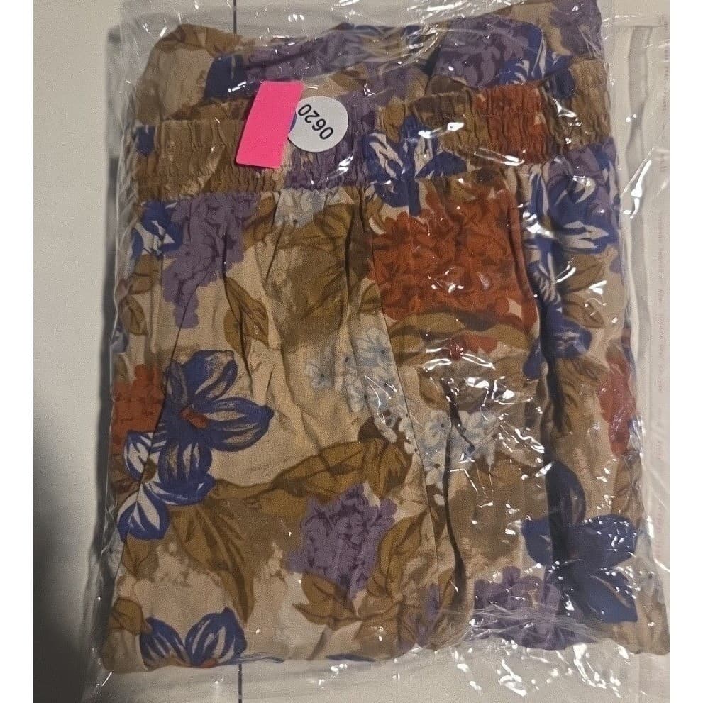 Floral Button Front Midi Skirt, Tan Blue Orange High Waist, Elastic Back Vintage - Thumbnail 6
