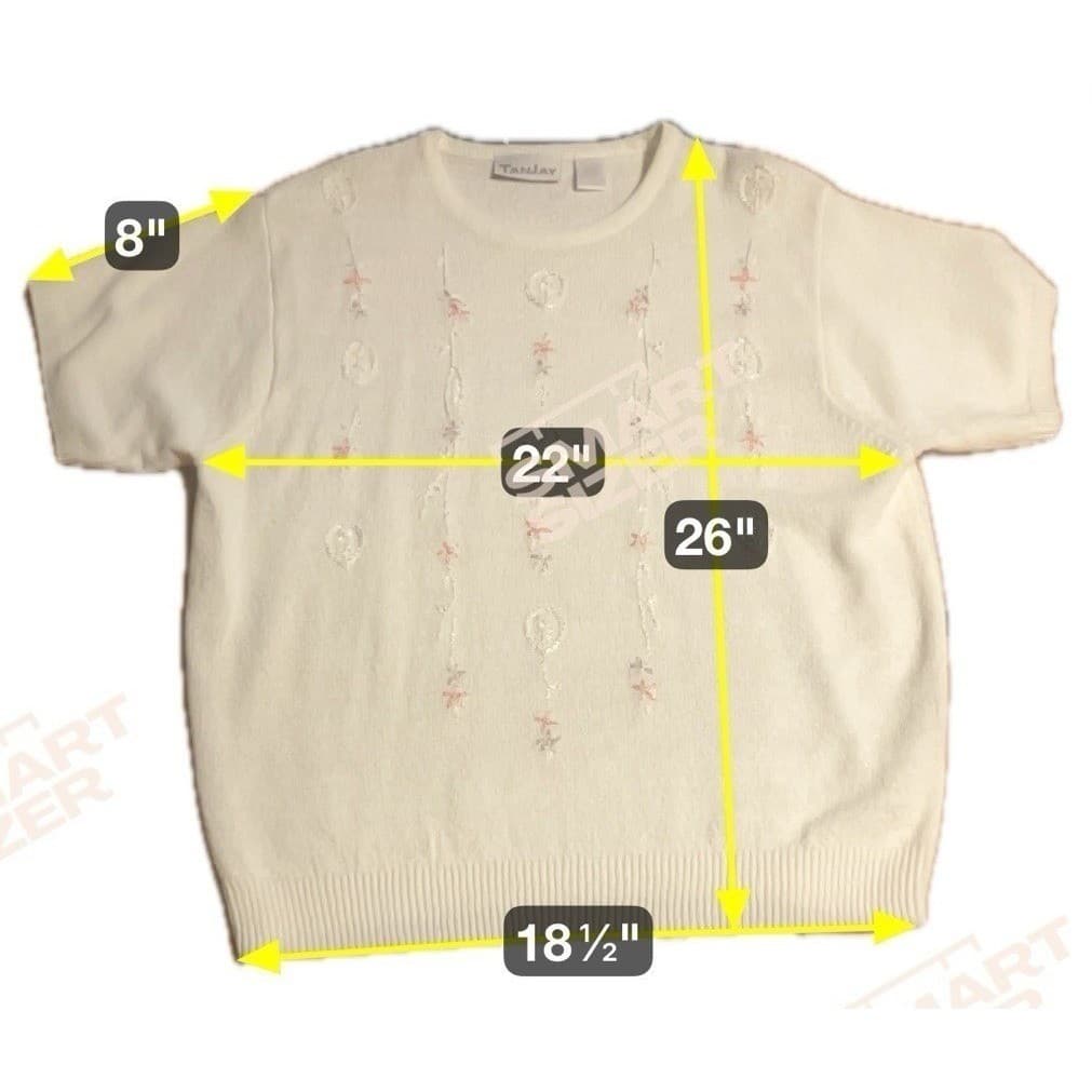 TanJay Cream Embroidered Short Sleeve Knit Sweater, Women's Large N481 92703 - Thumbnail 2